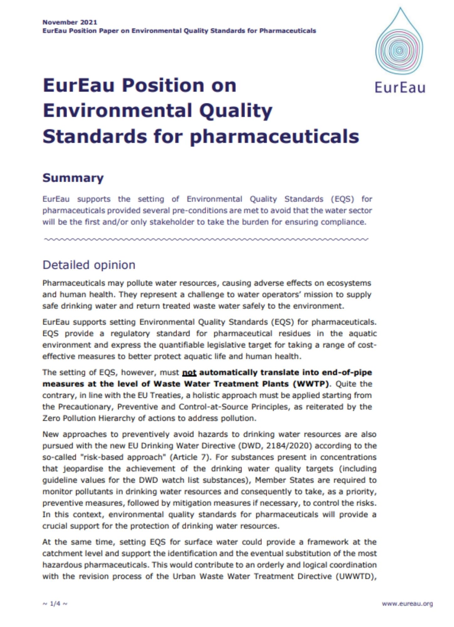 Position paper on Environmental Quality Standards (EQS) for pharmaceuticals