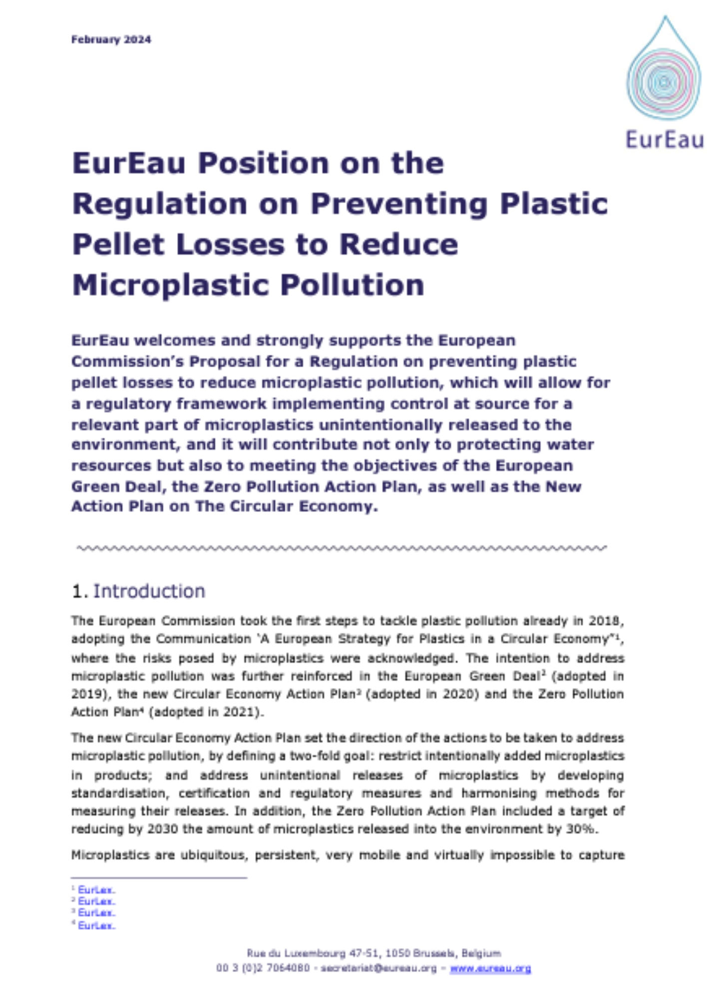 EurEau Position on the Regulation Preventing Plastic Pellet Losses