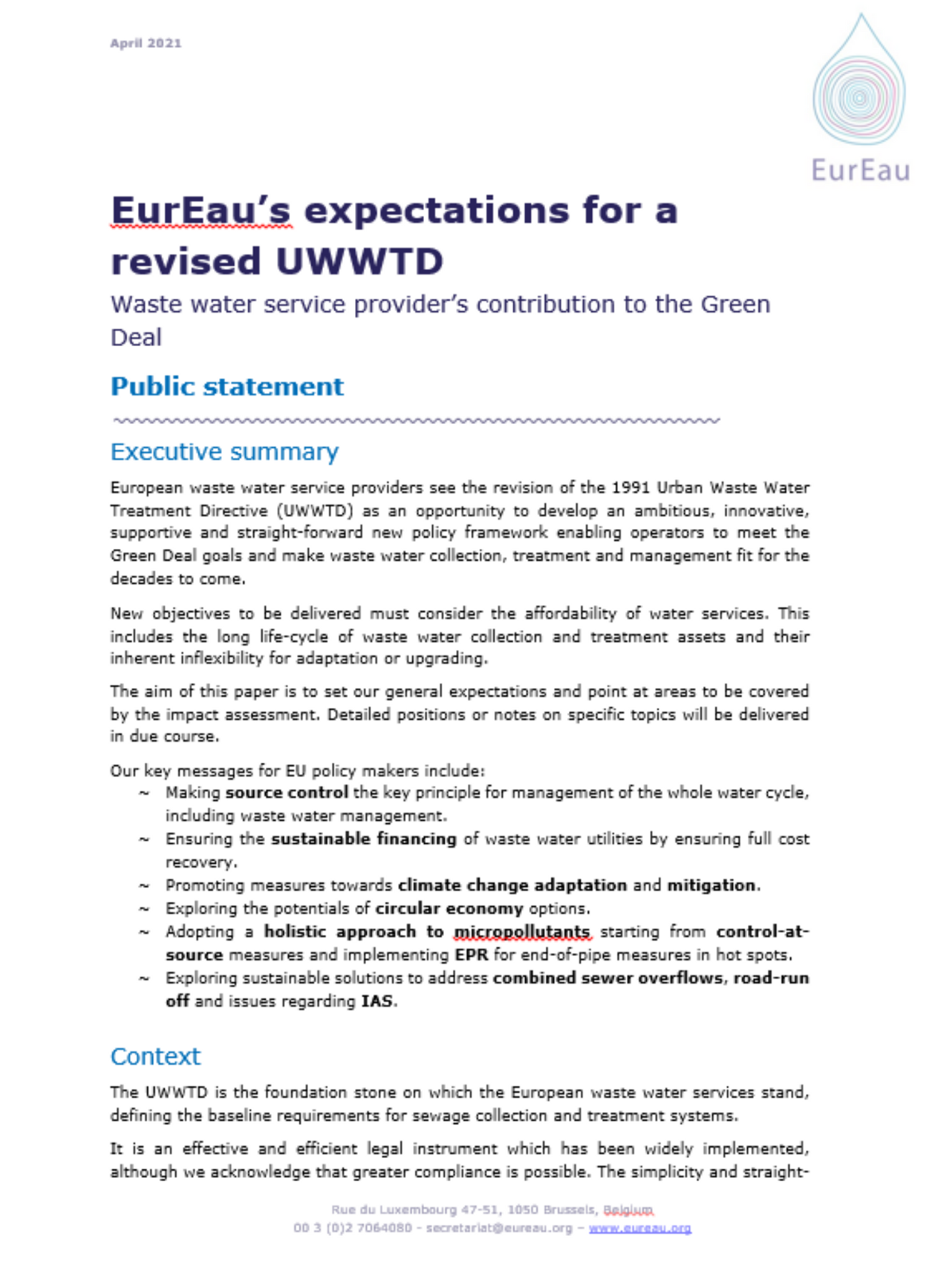 EurEau expectations in UWWTD revision process: public statement