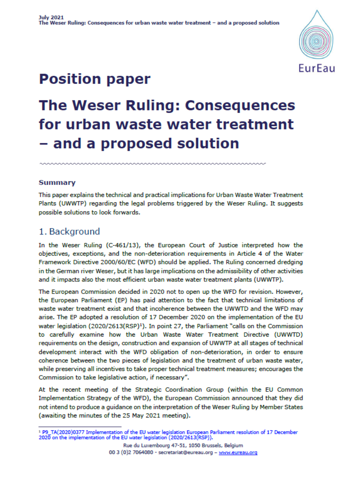 Position paper on the Weser Ruling and its effects on UWWTP